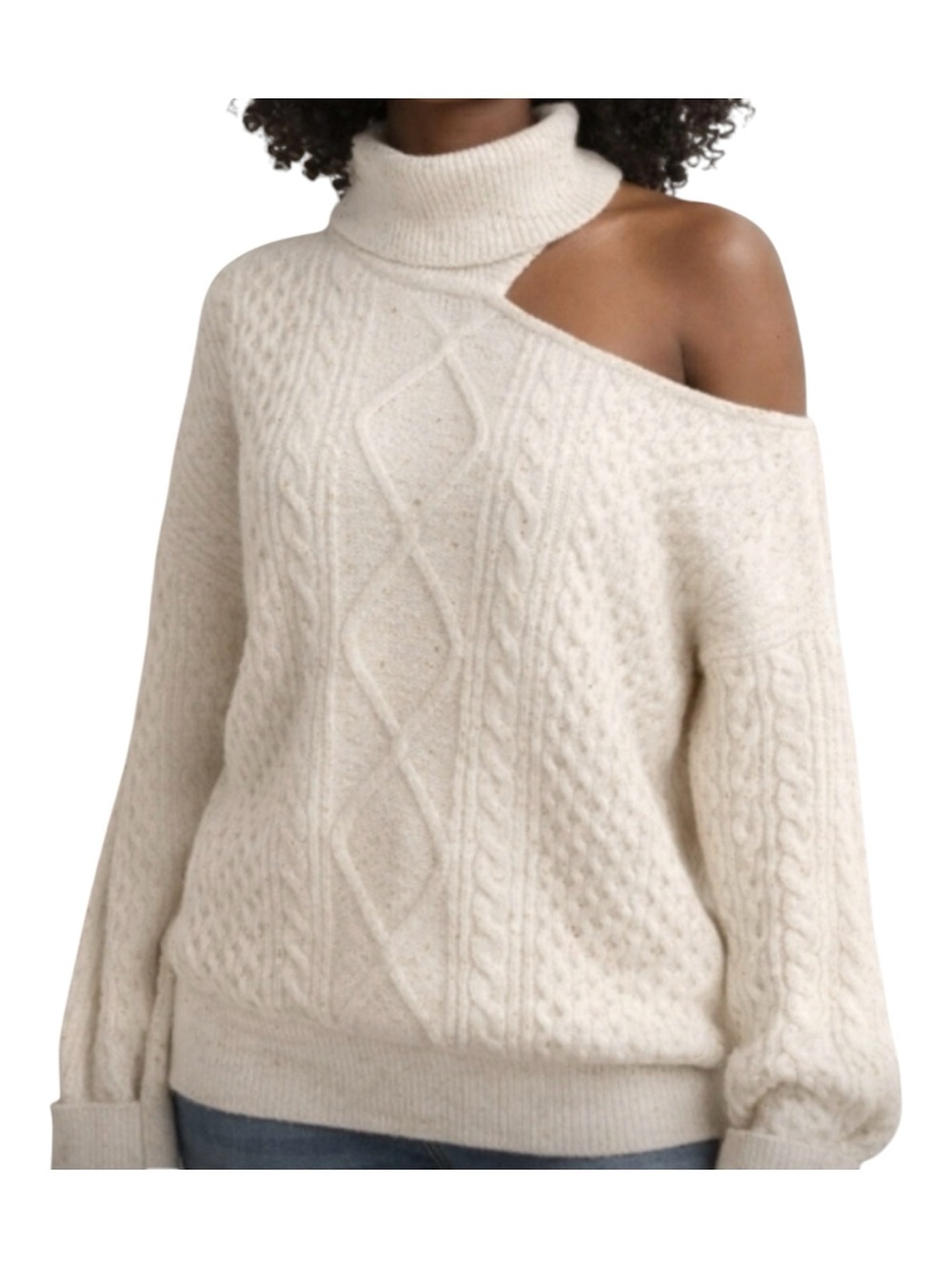 NWT Sophia Jeans Cream Off-Shoulder Cable Knit Turtleneck Sequenced Sweater Sz S